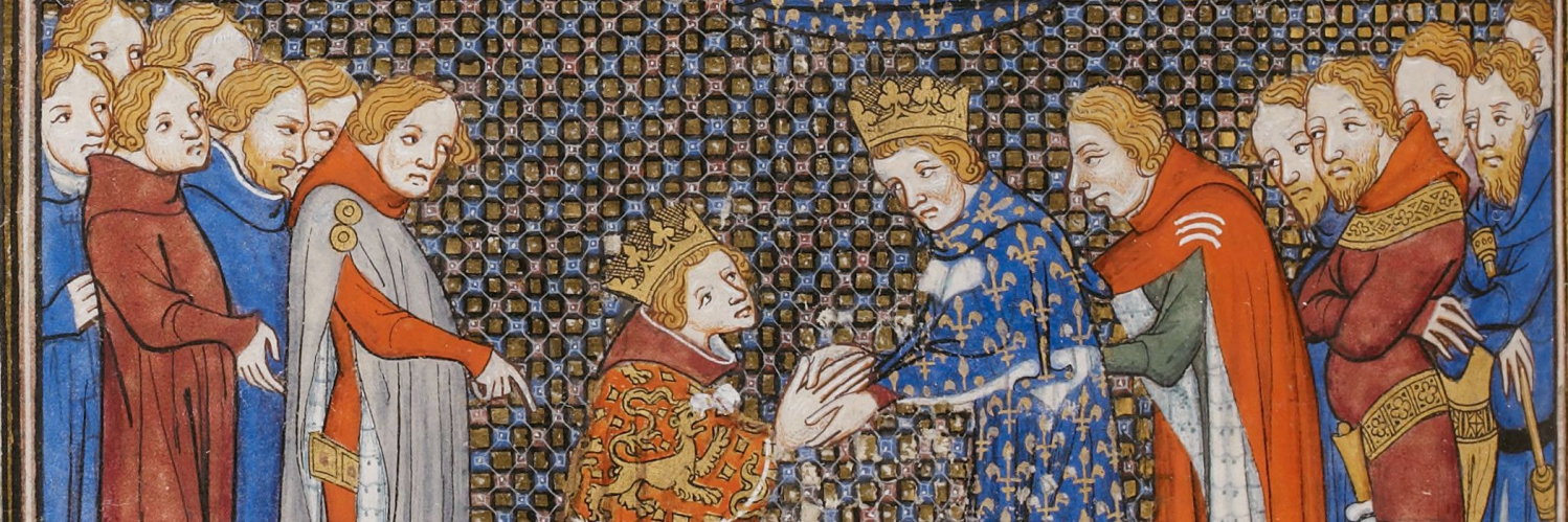 Hommage d'Édouard III d'Angleterre à Philippe VI de Valois le 6 juin 1329, (XIVe siècle), Grandes Chroniques de France (BNF, FR 2813)