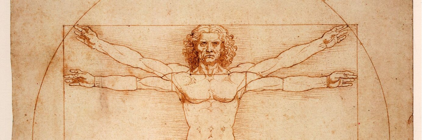 L’Homme de Vitruve de Léonard de Vinci, vers 1492, musée des sciences et des techniques Léonard de Vinci de Milan.  Célèbre représentation des proportions idéales parfaites du corps humain : « Pour qu’un bâtiment soit beau, il doit posséder une symétrie et des proportions parfaites comme celles qu’on trouve dans la nature ».