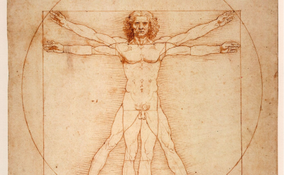 Leonardo da Vinci's Vitruvian Man, circa 1492, Leonardo da Vinci Museum of Science and Technology, Milan.  Famous representation of the ideal perfect proportions of the human body: 